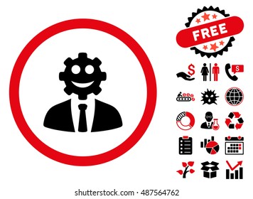 Worker Smile icon with free bonus elements. Vector illustration style is flat iconic bicolor symbols, intensive red and black colors, white background.