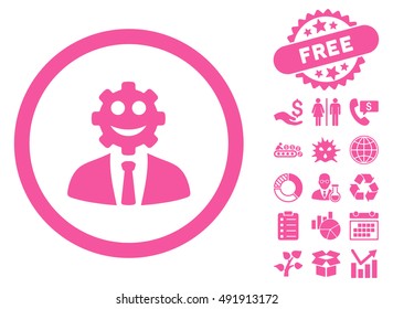 Worker Smile icon with free bonus clip art. Vector illustration style is flat iconic symbols, pink color, white background.
