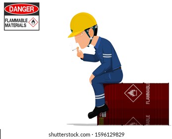 A worker is smoking on the flammable barrel
