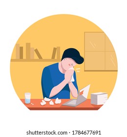 Worker sneezes at the office. Illness at work, running nose, season allergy.  Sick man blows nose with handkerchief. Pills on the table. Isolated vector illustration