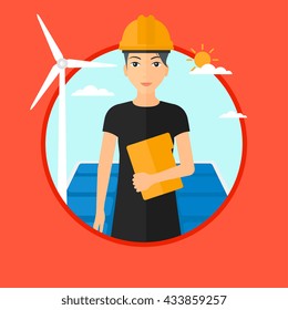 Trabajador de la planta de energía solar y del parque eólico. Mujer con carpeta en el fondo del panel solar y turbina eólica. Concepto de energía verde. Ilustración de diseño plana vectorial en el círculo aislado en el fondo.