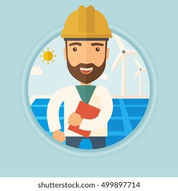 Worker of solar power plant and wind farm. Man with folder on background of solar panel and wind turbine. Green energy concept. Vector flat design illustration in the circle isolated on background.
