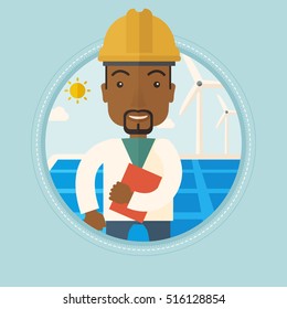 Trabajador de la planta de energía solar y del parque eólico. Un hombre afroamericano con carpeta sobre el fondo del panel solar y turbina eólica. Ilustración de diseño plana vectorial en el círculo aislado en el fondo.