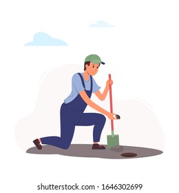 worker sows a seed in the ground. A man dug a hole in the garden with a shovel and bent to plant a plant. A guy in a blue jumpsuit and green cap cultivates seedlings. Vector flat illustration isolated