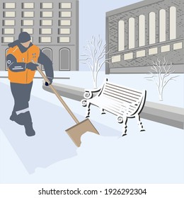 A worker in a special uniform with a shovel cleans the alley from snow, a bench, trees, high-rise buildings - vector. Winter city landscape.