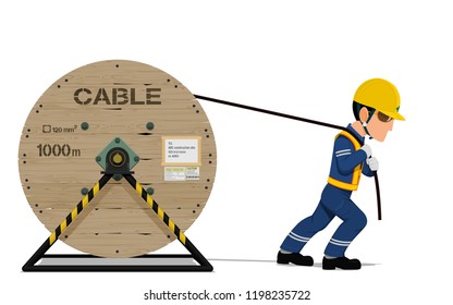 A worker is spreading  the cable on transparent background