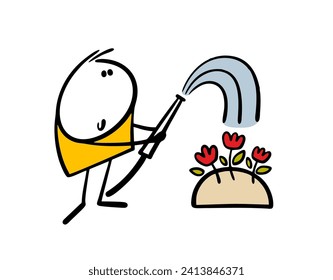 Worker in spring garden holds  hose and waters the flowers. Illustration of funny stickman gardener caring for red rose plants in a city park. Isolated vector cartoon on white background.