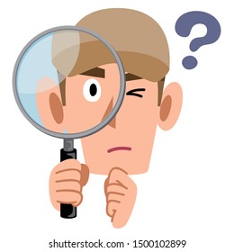 Worker, staff man, looking into a magnifying glass with doubts