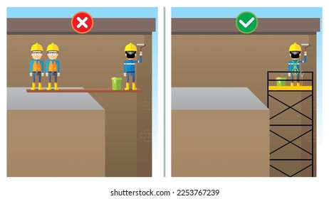 Worker stand at the improper working platform during painting. Use scaffolding. Unsafe work condition and act. Workplace safety do's and dont's vector illustration.