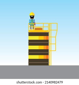 Worker stand on top of chemical or hazardous material silo tank. Graphic illustration.