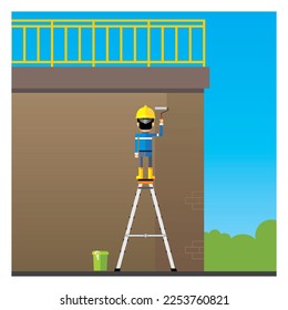 Worker stand on top of portable ladder. Unsafe act. Working at height vector illustration. Safety alert.