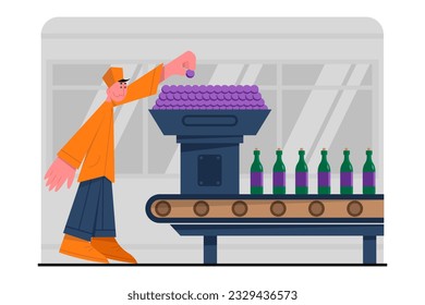 Worker standing at grape processing machine and making wine. Making organic wine. Winemaking process with natural grapes. Time for making alcohol drinks. Wine production industry. Vector flat