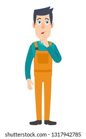 Worker standing with his finger to his lips. Full length portrait of Cartoon Repairman Character. Vector illustration in a flat style.