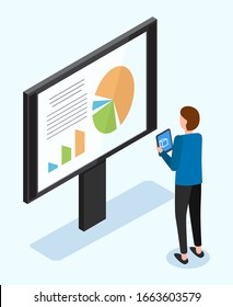 Arbeitnehmer, die in der Nähe des Platzes mit Diagramm-Schema stehen. Mitarbeiter professionelle Suche nach Graphensymbol einzeln auf Weiß. Diagonale Ansicht von Graphsymbol und professionell ; Person mit Vektorillustration zur Tablettenanalyse