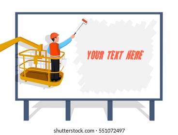 Worker standing on a ladder glues a paper banner a color vector illustration