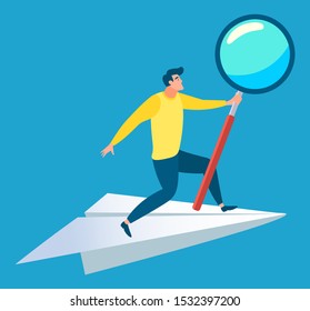 Worker standing on paper plane with magnifier, business ambitions. Employee researching, symbol of success, company progress, male with lens vector