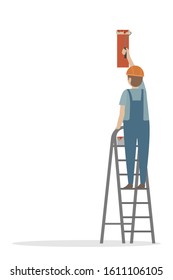 Worker standing on stepladder and painting wall. Vector.