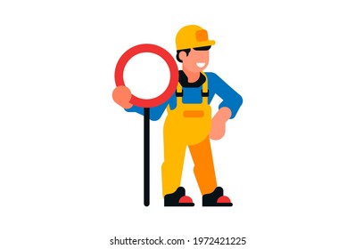 A worker standing at a road sign. Smiling male builder and sign. Vector illustration isolated on white background