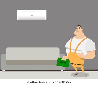 Worker standing in the room in which installed a new air conditioner. Vector illustration

