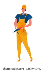 Worker standing with tool isolated on white background. Cartoon Character Vector Illustration.