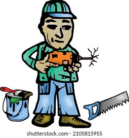 El trabajador se para con un taladro, una sierra y una cubeta de pintura