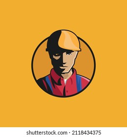 Worker sticker. Stylized logo of construction worker in hard hat