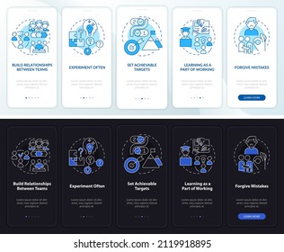 Worker stimulation ideas night and day mode onboarding mobile app screen. Walkthrough 5 steps graphic instructions pages with linear concepts. UI, UX, GUI template. Myriad Pro-Bold, Regular fonts used