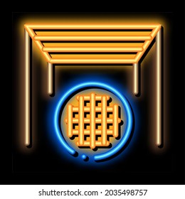 worker stretching ceiling neon light sign vector. Glowing bright icon worker stretching ceiling sign. transparent symbol illustration