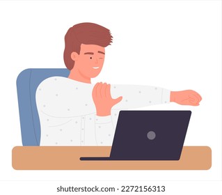 Worker stretching exercise at workplace. Employee health and wellness vector illustration