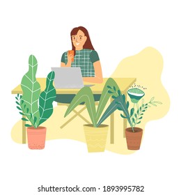 Worker or student with laptop and phone. Remote work or study. Woman working and chatting at home or at the office. Flat vector illustration.