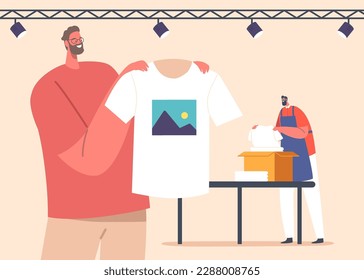 Worker In Studio Presenting Silk Screen Printing On T-shirts and Packing Clothes into Box for Delivery Illustration