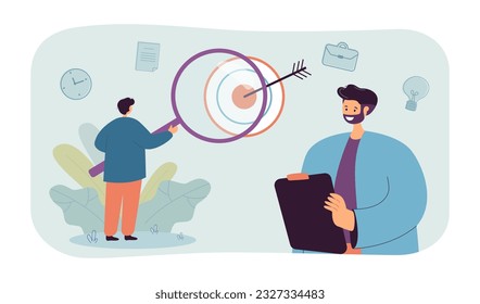 Trabajador estudiando el objetivo con una enorme ilustración vectorial de magnificación. Dibujo de caricaturas de empleados haciendo investigación de mercado, análisis SWOT, desarrollo de la empresa. Negocio, estrategia, concepto de objetivo