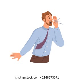 Worker in suit calling for special offer, businessman making announcement. Vector flat cartoon character, marketing and promotion, working on catching attention of clients and customers