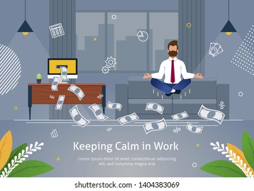 Worker in Suit Doing Yoga Trying to Keep Calm and to Reach Success and Earn Salary Banner Vector Illustration. Cartoon Character in Spiritual Zen Balance or Lotos Position. Flying Money from Computer.