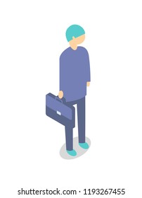 Worker in suit with suitcase cartoon isolated icon vector banner sample. Young man shape in working uniform standing silhouette, 3d model with shadow