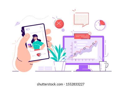 Worker is surfing photos on his phone on social media while seated at his desk behind his computer. Procrastination and laziness concept. Modern flat style design vector illustration isolated on white