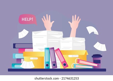 Worker swamped with lot of paperwork asks for help. Employee's desk littered with stacks of documents. Administration overloads person with work. Man works overtime in office. Flat vector illustration