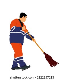 Worker sweeping with besom vector illustration isolated on white background. Man with brush collects leaves. Cleaning street, boy leaf cleaner with broom. City utility service washing communal company