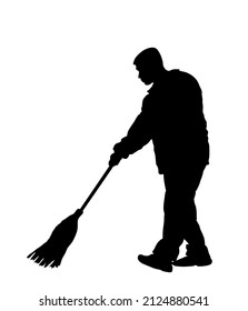Worker sweeping with besom vector silhouette illustration isolated on white. Man with brush collects leaves. Cleaning street, boy leaf cleaner with broom. City utility service washing communal company