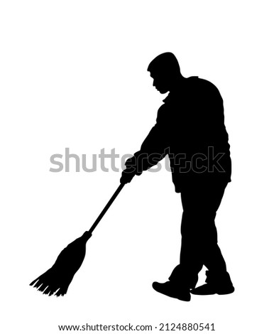 Worker sweeping with besom vector silhouette illustration isolated on white. Man with brush collects leaves. Cleaning street, boy leaf cleaner with broom. City utility service washing communal company