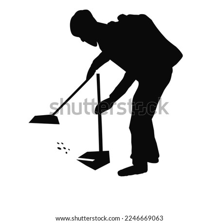 Worker sweeping with besom vector silhouette illustration isolated on white. Man with brush collects leaves. Cleaning street, boy leaf cleaner with broom. City utility service washing communal company