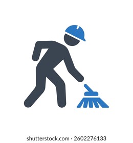 Worker Sweeping with Helmet Icon On White Background