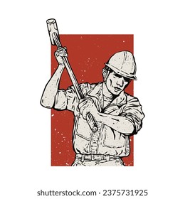 worker swing the hammer vintage vector illustration