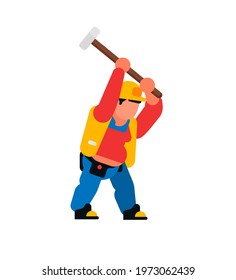A worker swinging a sledgehammer. Builder and sledgehammer, hammer, tool. Vector illustration isolated on white background