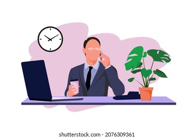 The worker at the table is talking on a cell phone. Vector illustration