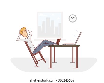 Worker taking a break with his feet placed on the desktop. vector