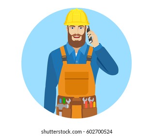 Worker talking on the mobile phone. Portrait of worker in a flat style. Vector illustration.