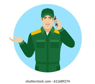 Worker talking on the mobile phone and gesturing. Portrait of Delivery man or Worker in a flat style. Vector illustration.