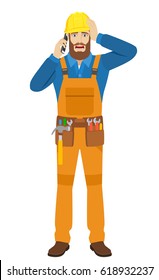 Worker talking on the mobile phone and grabbed his head. Full length portrait of worker character in a flat style. Vector illustration.