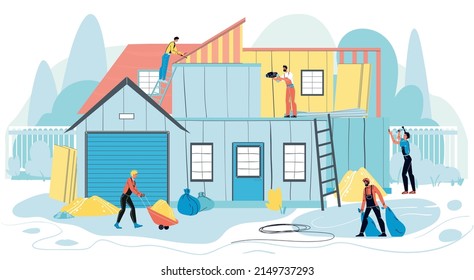Worker team engaged in house exterior and roof construction activity vector. Home construction, repair and rooftop fixing, renovation